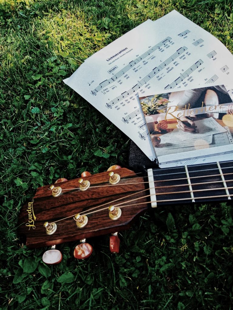 Gitarre mit CD "Retterherz" im Gras